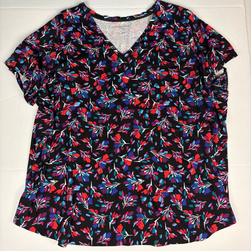 Woman Within Women's 3X 30 32 Shirt Floral Black Blue Red Purple V-Neck Cotton
